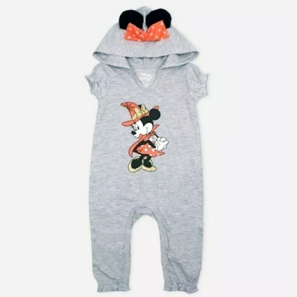 NWT Disney Baby Minnie Mouse Ears Hooded One Piece Outfit Girl Halloween Grey - Picture 1 of 6